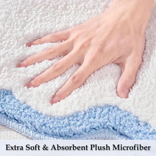 Vista 4 de Bonitos tapetes de baño festoneados, antideslizantes, lavables a máquina, suaves, para ducha, bañera, cocina, 24 x 17 pulgadas, color azul
