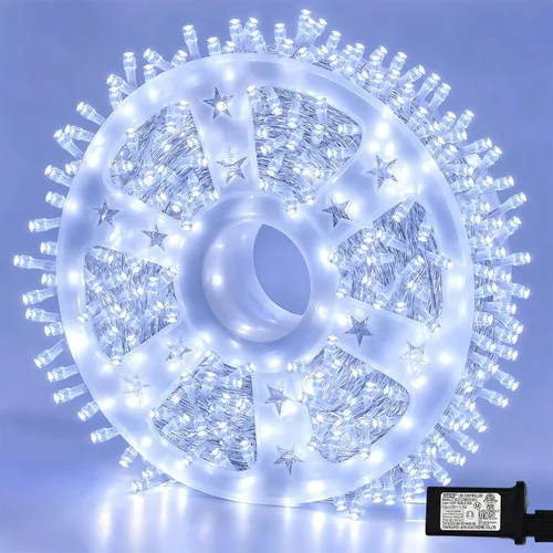 Vista 21 de Guirnalda de 1000 luces LED azules, luces de Navidad de 328 pies para exteriores, impermeables, con enchufe, alambre transparente, luces de árbol