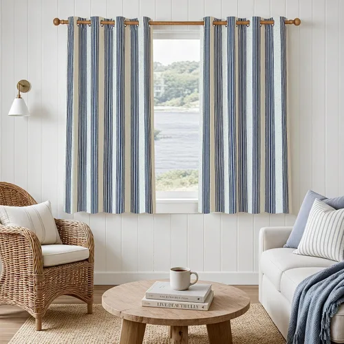 Vista 61 de DriftAway Chris Linen - Cortinas opacas con capa térmica y reductora de sonido, 63 pulgadas de largo para dormitorio, cortinas estampadas a rayas
