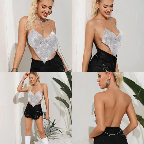 Vista 6 de Women Sexy Shiny Rhinestone Tank Top Deep V Neck Halter Metal Body Chain Crop Top Shirt for Night Club Party Rave Outfit
