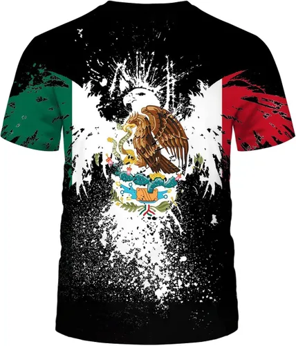 Vista 2 de Liohans Camiseta casual 3D con estampado digital de la bandera de México, cuello redondo para hombre