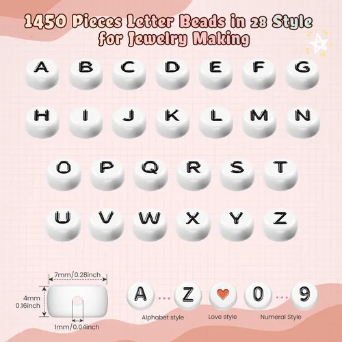 Vista 3 de FZIIVQU Kit de 1400 cuentas de letras, 28 estilos de cuentas acrílicas Letra negra y base blanca