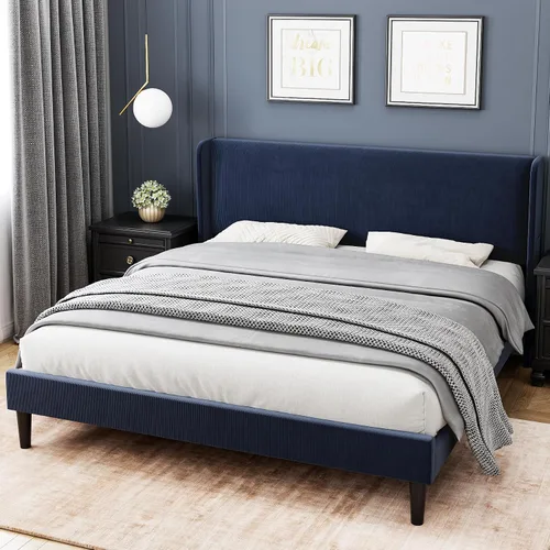 Vista 12 de Base de cama de tamaño matrimonial con cabecera tapizada, base de cama de plataforma de madera con 2 bolsillos de almacenamiento, respaldo de ala