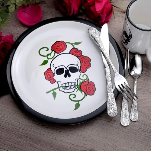 Vista 6 de Liberty Tabletop Calavera (Skull) - Juego de cubiertos (20 piezas) para 4 cubiertos 18/10, fabricado en Estados Unidos