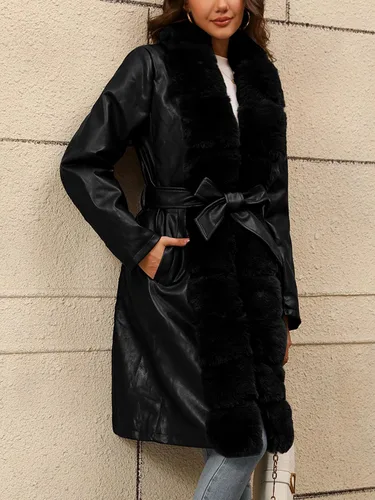 Vista 3 de Bellivera Women's Faux Leather Jacket Furry Trim Parka Coat Negro