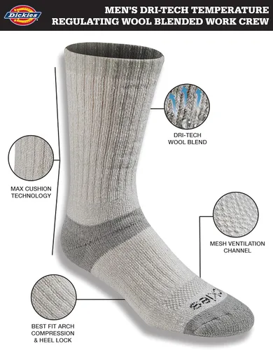 Vista 2 de Dickies Dri-tech - Calcetines de trabajo con mezcla de lana reguladora de temperatura para hombre, paquete múltiple