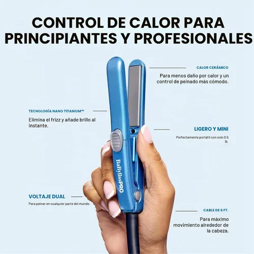 Vista 5 de BaBylissPRO Nano Titanium Mini Flat Iron Hair Straightener, 0.5" Hair Straightener Iron for Touch Ups & All Hair Types, Perfect for Travel