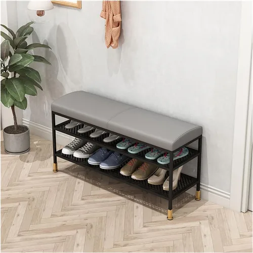Vista 5 de HEXEH Zapatero de almacenamiento de zapatos, zapatero de entrada con asiento de cuero, organizador de 3 niveles, banco de metal para vestíbulo, Negro