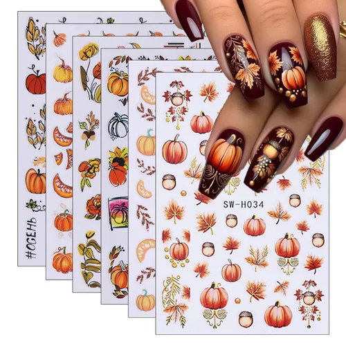 Vista 28 de 8 hojas de calcomanías de uñas de Halloween con diseños de fantasmas lindos, calabaza, araña, telaraña, sangre, llama 3D, autoadhesivas, Otoño