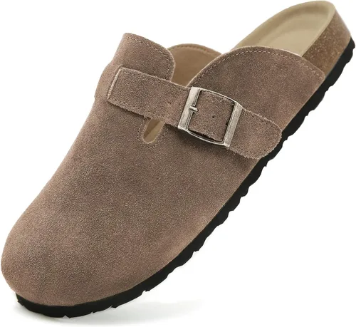 Vista 10 de Dumalum - Zuecos de ante para mujer y hombre - Sandalias ajustables con hebilla, plantilla de corcho, suelas antideslizantes - Zapatillas unisex