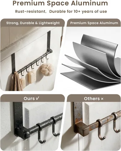 Vista 3 de Ganchos para colgar sobre la puerta, ganchos ajustables resistentes para colgar sobre la puerta, organizador para baño, color negro heavy duty