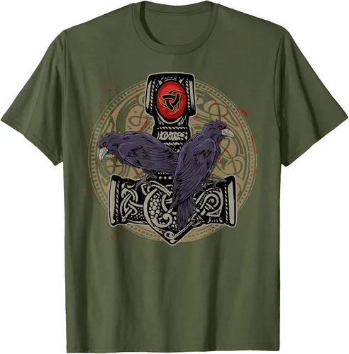 Vista 41 de Thors Hammer Mjolnir Huginn and Muninn Odin Raven - Camiseta, Negro, S