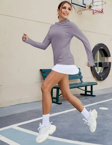Vista 6 de LUYAA Sudadera con capucha para mujer, con protección solar UPF 50+, transpirable, elástica, de manga larga, para correr, entrenamiento al aire libre