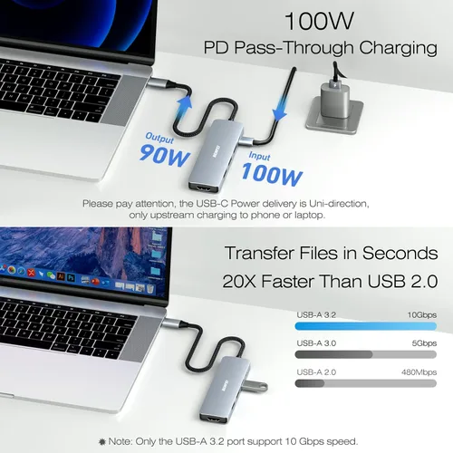 Vista 5 de BENFEI Hub USB C 5 en 1 con HDMI 4K (certificado), entrega de energía de 100W, 3 USB-A, cable de silicona, carcasa de aluminio compatible