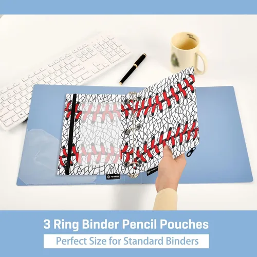 Vista 5 de Estuche de béisbol blanco para lápices de 3 anillas, paquete de 2 carpetas para lápices, estuche transparente con cremallera, bolsa de cosméticos