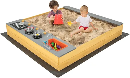 Vista 10 de HONEY JOY Caja de arena para niños, pozo de arena sin fondo de cedro para patio trasero, 4 banderas rojas y forro inferior, banco lateral y 2 cajas