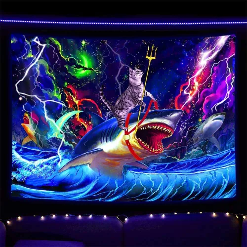 Vista 8 de SAOLUIS Tapiz de luz negra de dinosaurio, divertidos tapices de hongos de dinosaurio de neón reactivo a los rayos UV para colgar en la pared, tapiz