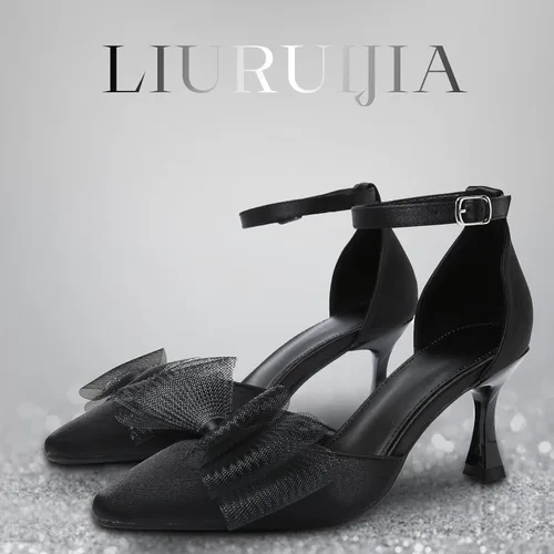 Vista 5 de LIURUIJIA Zapatos de tacón bajo con tiras cerradas para mujer, con puntera puntiaguda, lazos de malla, correa para el tobillo, vestido sexy D'Orsay