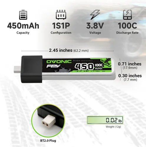 Vista 2 de OVONIC Batería LiPo 1S 450mAh 100C HV 3.8V con conector BT2.0 para FPV Tiny Whoop (4 piezas)