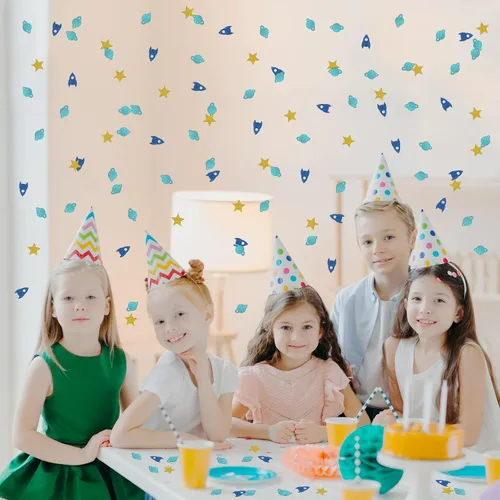 Vista 8 de Confeti con purpurina de cumpleaños con temática espacial, confeti de mesa espacial de estrella de cohete, dispersión de papel para baby shower