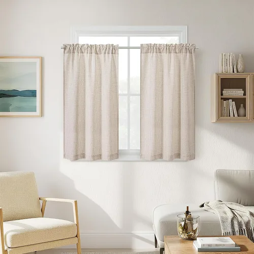 Vista 19 de Cortinas de cocina de lino semitransparente beige de 24 pulgadas de largo, 2 paneles Cream, Cafe Short Curtains, for Bathroom Small Windows, Light