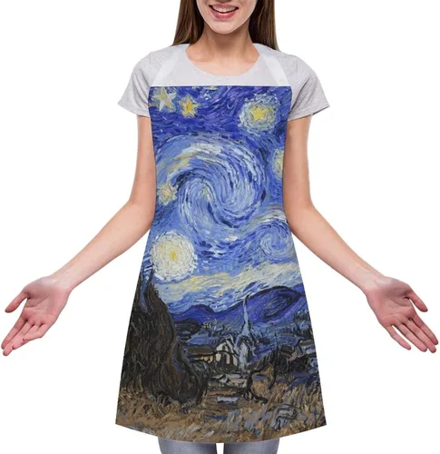 Vista 3 de MUSM Apron for Adults - 27.6 X 31.5 Inch, Heavy-Duty Polyester Aprons with Two Large Pockets, Waterproof The Starry Night Kitchen Apron for Cooking