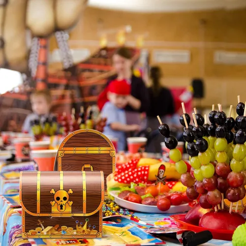 Vista 4 de Chinco Cofre de tesoros de cartón, cofre del tesoro pirata, caja de regalos para Halloween, juego de pirata, fiesta temática de piratas