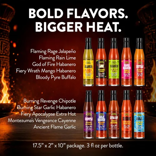 Vista 7 de Set de regalo de variedad de salsa picante estilo mexicano Aztecs Revenge - 10 botellas de salsa picante