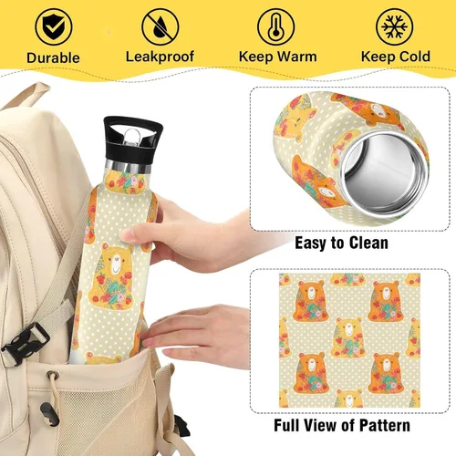 Vista 4 de Water Bottle for Kids with Straw, Kids Stainless Steel Water Bottle for Travel or School 20 Oz, BPA-Free, Bears Floral