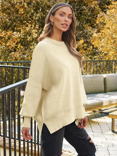 Vista 100 de Lillusory - Suéter extragrande con mangas de murciélago y cuello redondo para mujer, prenda moderna de otoño de tejido de punto sin botones