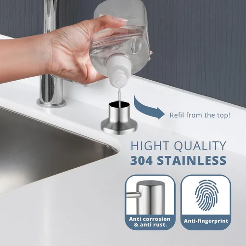 Vista 5 de SBEN Juego de dispensador de jabón de cocina empotrado (botella recargable grande de 17 oz incluida) - Dispensador de jabón de acero inoxidable