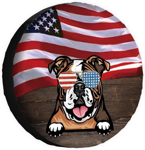Vista 17 de Cubierta de neumático de repuesto para perro salchicha con gafas de sol con bandera de Estados Unidos, fundas protectoras de ruedas a prueba