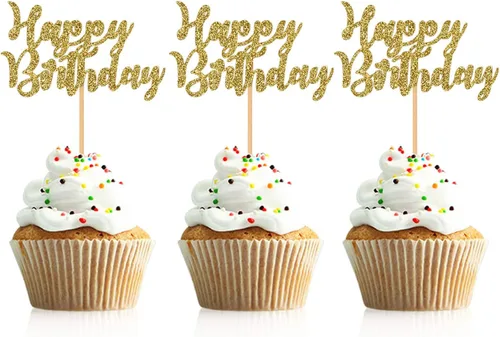 Vista 10 de 48 piezas de decoración para cupcakes de feliz cumpleaños, color negro, con purpurina, suministros de decoración de fiesta de cumpleaños