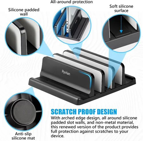 Vista 5 de Ryvlan Soporte vertical para laptop, almacenamiento ajustable de 3 ranuras para laptop con acolchado de goma, soporte múltiple para computadora