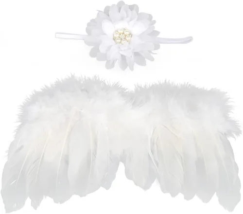 Vista 5 de Katutude Accesorios de fotografía para bebé recién nacido, alas de ángel de plumas rosadas, conjunto de diadema de flores, accesorios de fotos
