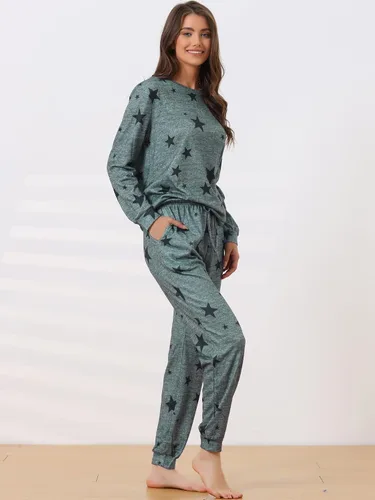 Vista 2 de cheibear Conjunto de pijama de manga larga para mujer, sudadera Kint con estampado de estrellas, ropa de dormir de 2 piezas