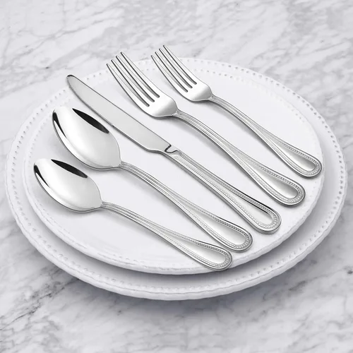 Vista 3 de Juego de cubiertos de 20 piezas, HaWare cubiertos de acero inoxidable servicio para 4, vajilla con borde perlado incluye cuchillo/tenedor/cuchara