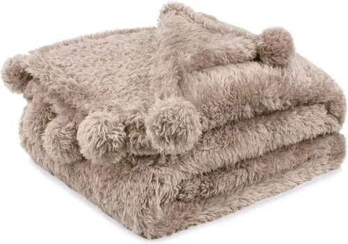 Vista 10 de PAVILIA Manta de sherpa negra para sofá, cálida manta de felpa con pompones, manta mullida para sofá, ligera, suave y acogedora con pompones, 50 x