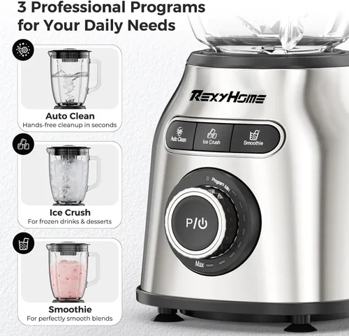 Vista 4 de Batidora REXYHOME de 8 velocidades con tarro de vidrio de 59 onzas, máquina de batidos de pico de 1000 W 3 Preset Programs, Pulse & Self-Cleaning
