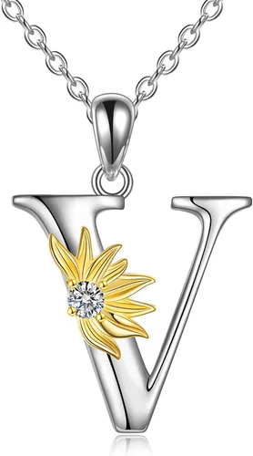 Vista 22 de POPLYKE Collar de girasol con inicial para mujer, plata de ley 925, colgante de girasol, cadena con dije de letra inicial
