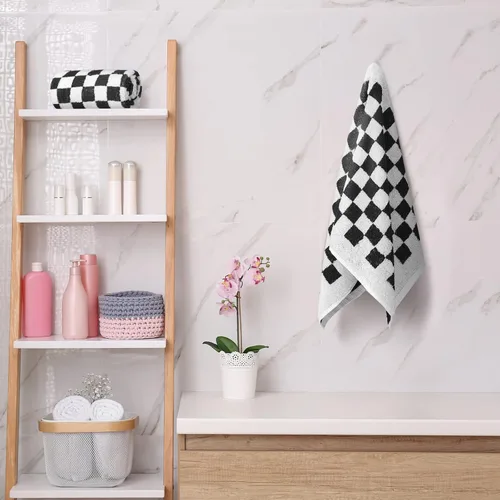 Vista 3 de Frienda Juego de 4 toallas de mano a cuadros para baño, cocina, toallas de baño suaves retro de tablero de ajedrez altamente absorbentes para baño