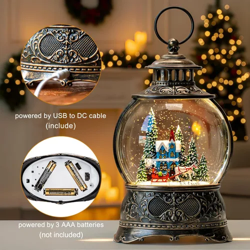 Vista 3 de Globos de Nieve de Navidad, Farol de Agua de Navidad con Carruaje e Iglesia Azul, Música y Temporizador de 6 Horas, Faroles Iluminados con Cable