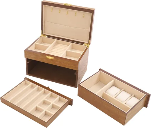 Vista 16 de Wooden Jewelry Box for Women 3-Tier Jewelry Organizer Box Dark Brown