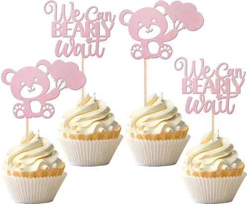 Vista 12 de 24 PIEZAS Oso de Peluche con Texto "We Can Bearly Wait" Adornos de Cupcake con Purpurina, Globo Oso para Revelación de Género, Adornos de Baby