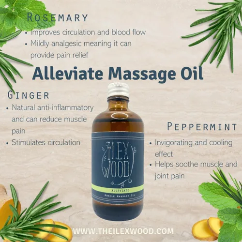 Vista 2 de The Ilex Wood - Aliviar - Aceite de masaje muscular natural vegano, hecho a mano - 3.38 fl oz (3.4 fl oz)