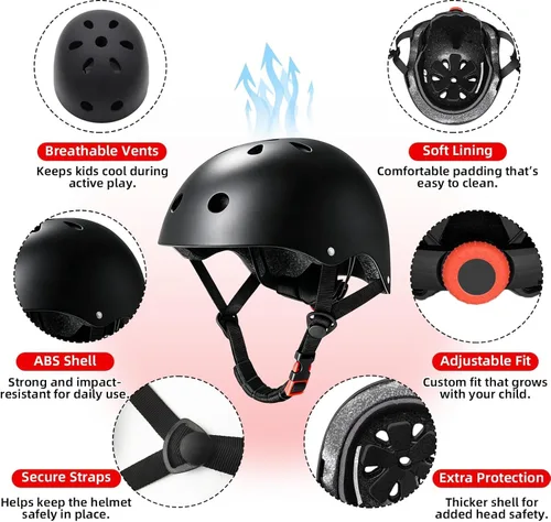 Vista 3 de Casco de bicicleta para niños de edades 2-14, casco de seguridad ajustable para niños pequeños con juego de equipo de protección, cascos para Negro