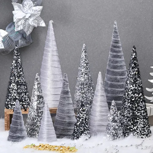 Vista 11 de Ireer 12 piezas Árboles de Navidad de terciopelo varios tamaños cono de terciopelo decoraciones modernas para interiores centro de mesa minimalista