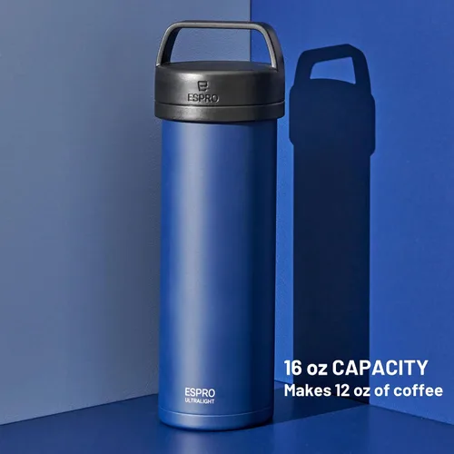 Vista 4 de ESPRO P0 Cafetera de prensa francesa ultraligera para viajes, acero inoxidable aislado al vacío, 16 onzas, azul Egeo