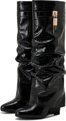 Vista 11 de Botas plegables puntiagudas con tacón de cuña para mujer, botas hasta la rodilla con diseño de candado y cremallera lateral Beige