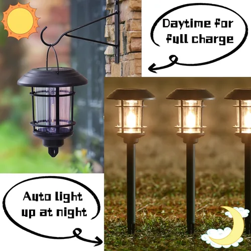 Vista 3 de Dynaming - Juego de 6 luces solares de doble uso para caminos al aire libre, lámparas colgantes solares de jardín con bombilla Edison, iluminación